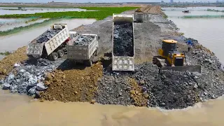 Incredible Nice Project by Operator Bulldozer Spreading Stone Skills Building Road on Huge Lake