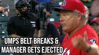 Umpire ejects manager while fixing his broken belt, a breakdown