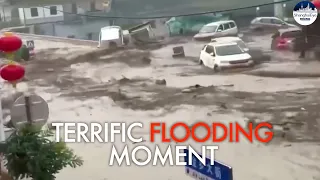 Cars washed away and shops flooded as massive deluge hits NW China's Shanxi, five missing