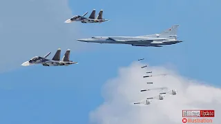 Two Su-30SM Fighter Jets Escorting Tu-22M Dropping Massive Bombs