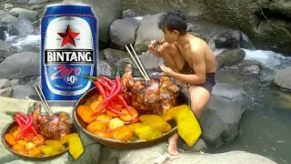 Cooking Turkish Chicken With Chinese Pumpkin Plus Zero Beer - Very Delicious Meal In the river