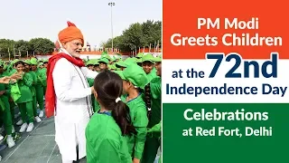 PM Modi greets children at the 72nd Independence Day Celebrations at Red Fort, Delhi