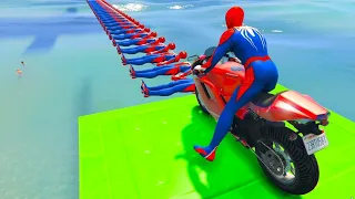 GTA V Spiderman | Stunt Car Racing Challenge By Heroes and Friends With Amazing Car Planes and Boats