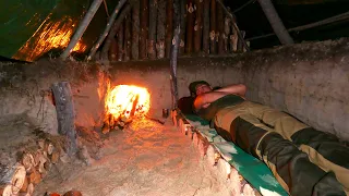 Building a Warm Shelter for Wilderness Survival, Fireplace in a Dugout, Cooking on Fire