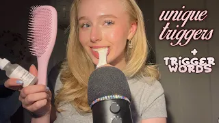 ASMR unique triggers & trigger words ~ mouth & lid sounds, hair brush, spoolie nibbling, sponge