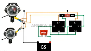 Rangkaian Dengan Dua Relay Kaki Empat Untuk Lampu 2 MODE