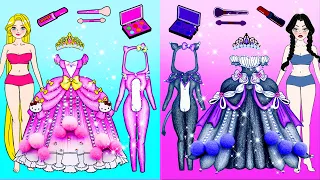 Paper Dolls Dress Up - Pink Rapunzel vs Black Wednesday Slumber Party - Barbie Story & Crafts