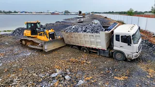Part-6 | Excellent Operator Skills SHANTUI Dozer & Truck SHACMAN Spreading Big Stone Making New Road