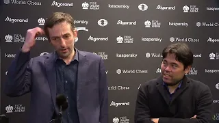 Hikaru Nakamura and Alexander Grischuk after Round 3 of the FIDE Grand Prix 2022 in Berlin