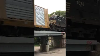 Locomotive Roaring Like A Jet Engine!  DPU Shoving Fast Train Over Bridge!  Norfolk Southern Train