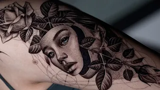 PORTRAIT + ROSE | BLACK & GREY TATTOO | TIMELAPSE (SPED UP)