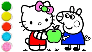 hello kitty and peppa pig sharing an apple🍎 drawing and coloring for kids and toddlers