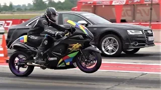 Audi S8 vs Audi RS6 vs Suzuki Hayabusa - 1/4 Mile Drag Race