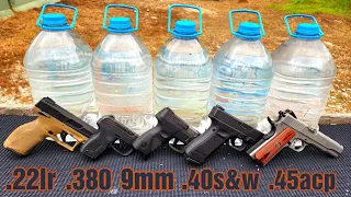 Pistols vs 1 Gallon Water Jugs .22lr .380 9mm .40S&W .45ACP