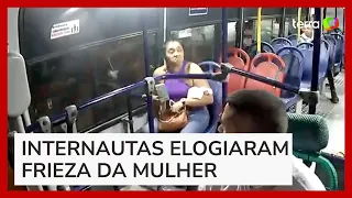 Mulher entrega celular antigo durante assalto a ônibus, e cena viraliza nas redes sociais