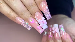 Watch me do my sister’s nails 🎀💕 | Pink Coquette Nail Art | Acrylic Nails Tutorial