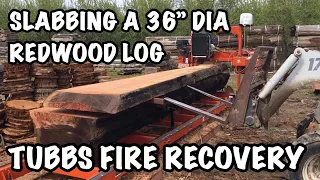 WoodMizer LT15 Wide sawmill slabbing a 36” dia Redwood log, recovered Tubbs Wildfire, Santa Rosa CA.
