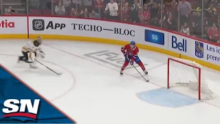 Canadiens' Rem Pitlick Outraces Bruins' Jeremy Swayman For Puck, Sets Up Pezzetta For Wide Open Net