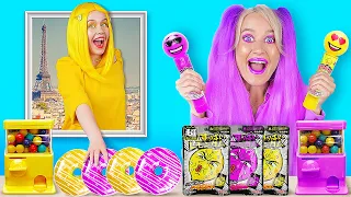 EATING ONLY ONE COLOR FOOD FOR 24 HOURS || Last To STOP Eating PURPLE VS YELLOW Food by 123 GO! FOOD