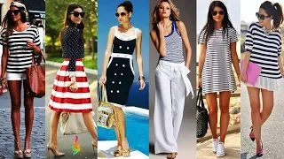 Nautical style in women's clothing. Fashion marine lookbook for summer of 2018, stylish sets