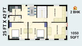 25 FT X 42 FT HOUSE PLAN ll 2 BHK HOUSE PLAN ll 1050 SQFT HOUSE PLAN