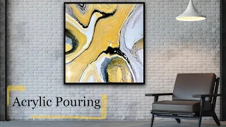 Puddle Pour Gold, Black and White -  Acrylic Pouring Technique - Large Painting 36x36 in / 90x90cm