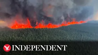 Helicopter flies past raging wildfire as Canada blaze rips through forest