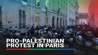 Pro-Palestinian protesters gather in front of Sciences Po university in Paris