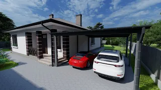 Видео-визуализация проекта одноэтажного дома с навесом для авто и беседкой.