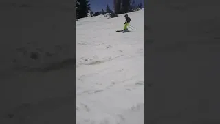 Skiing down black diamond at mammoth mountain