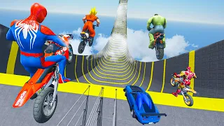 Spiderman, Goku, Hulk Racing Jump From The Sky Challenge with SUPERHEROES #158