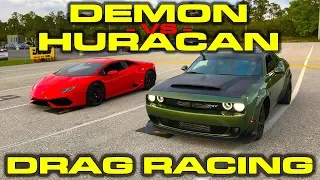 840HP Dodge Demon vs Lamborghini Huracan LP610-4 1/4 Mile Drag Racing - 3 Races