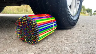 EXPERIMENT: CAR vs WOODEN CRAYONS - Crushing Crunchy & Soft Things by Car!