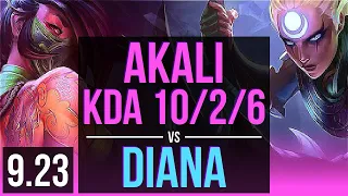 AKALI vs DIANA (MID) | KDA 10/2/6, Godlike | EUW Challenger | v9.23