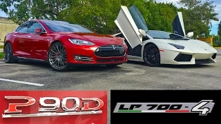 Tesla Model S P90D Ludicrous vs Lamborghini Aventador LP700-4 Drag Racing