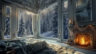 Cozy Fireplace Sounds and Piano Music for a Royal Bedroom Ambiance | Peaceful Sleep | Snowfall Night