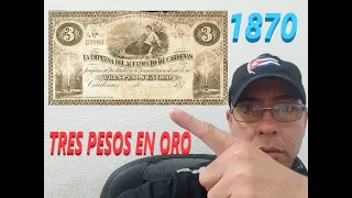 BILLETE DE TRES PESO ORO , CUBA , CARDENAS 1870