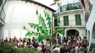 Alberto Nessi presentando il murale "Tarassaco" di Mona Caron