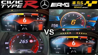 Honda Civic Type R FL5 2023 vs Renault Megane RS Trophy 2023 vs Mercedes AMG A35 2022