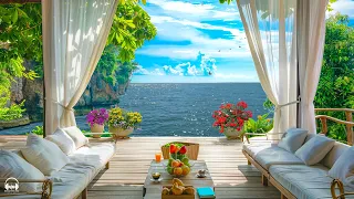 Relaxing Jazz Music at Seaside Cafe Ambience ☕Smooth Bossa Nova Piano & Crashing Waves for Uplifting