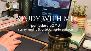 4-HR STUDY WITH ME 🌧️📖 Уютный ливень, шум камина, Pomodoro 50/10 с таймером, реальное время