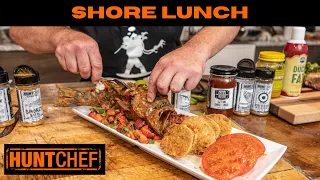 SHORE LUNCH RECIPE | Bass | Salsa | Fried Green Tomatoes | #wildflavor | HuntChef