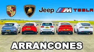 Lambo Urus vs Porsche Turbo GT vs BMW X6M vs Tesla Model X vs Jeep Trackhawk: ARRANCONES