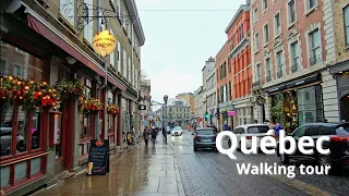 Walking in Quebec city | Rue Saint-Jean | Château Frontenac | Snow fall ❄ | Tour 2023 [UHD]