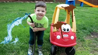 Caleb Pretend Play Car Wash with Little Tikes Cozy Coupe Ride on Toy