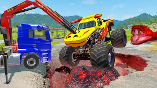 Truck cars rescue jam truck and monster truck with mud pit and meteor crater