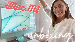 2021 Apple iMac M1 24 inch Unboxing - GREEN iMac + Set Up + First Impression + before & after desk!