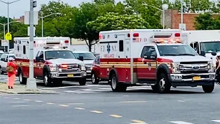 2 FDNY EMS AMBULANCES RESPONDING ON LINDEN BOULEVARD IN CANARSIE AREA OF BROOKLYN IN NEW YORK CITY.