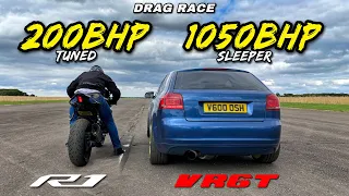 SLEEPER vs SUPER BIKE.. 1050HP VR6T AUDI A3 v 210HP TUNED R1