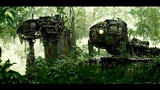 Dieselpunk Locomotives in Jungle, Disco Diffusion images with all the steps.